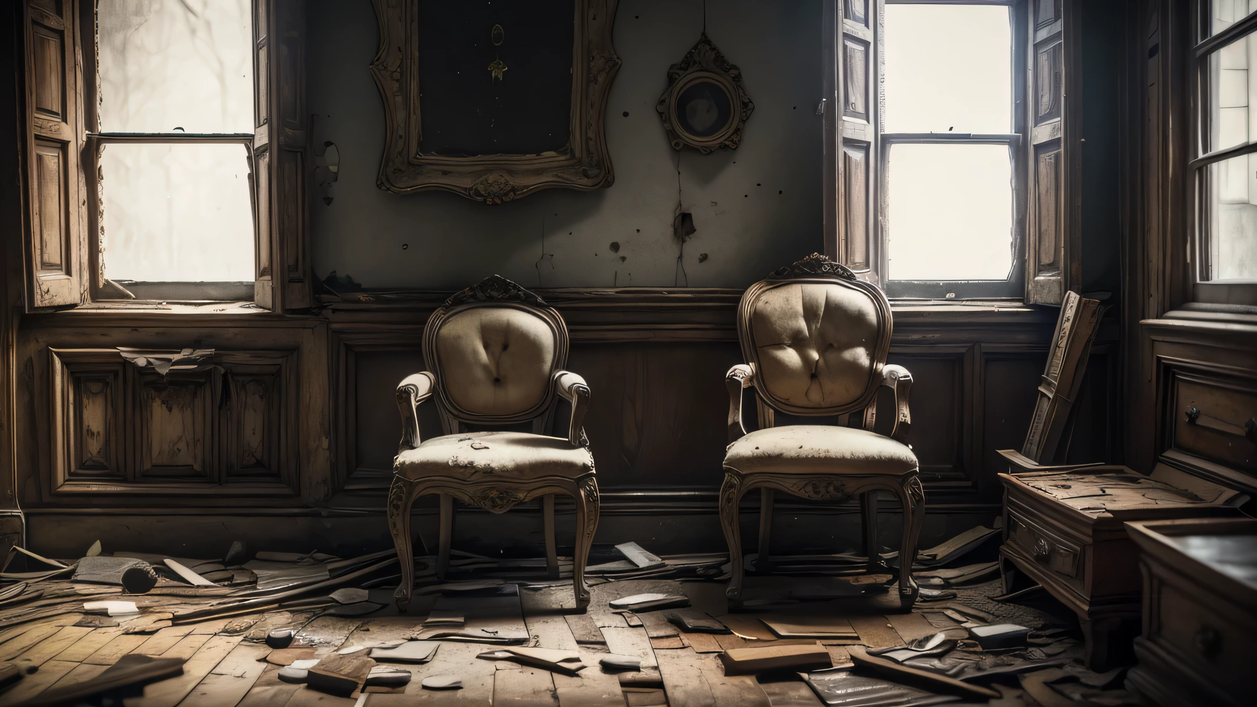 there is a single chair in a old empty decayed living room, realistic, high quality, sharp focus, high details,