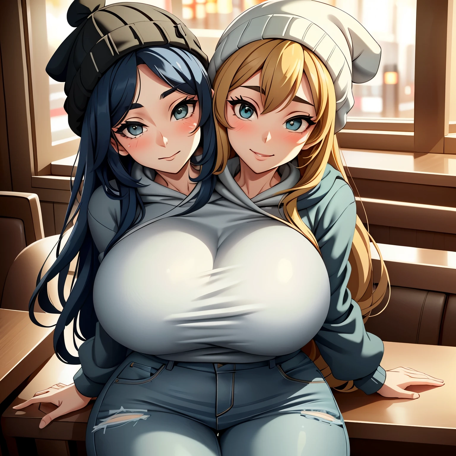 2 heads, a thin woman with 2 heads. Enormous breasts. Sitting across a table in a bar. Wearing a hoodie, wearing jeans. Wearing a beanie hat. Gigantic boobs, deep cleavage. Mature, mommy. Long hair. Smug. Raunchy. Pothead. Cute. Gorgeous face. Blushing. Massive breasts. Smiling wide. Adorable. Big eyes. Cute face. Lovely. Girlfriend. Grabbing breasts. Seductive, aroused. Tall, huge woman. Motherly.