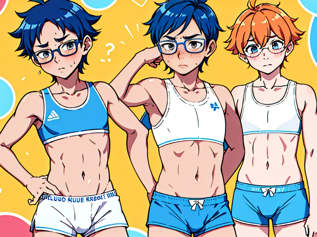 boy, trap, otoko no ko, androgynous, , (((White sports bra and blue boxer shorts))), Wet with sweat, look at viewer, muscle arms, pervert, petite, flat chest, blushing, glasses, desktop wallpaper, highly detailed, freckles, small hips, , penis, testicles