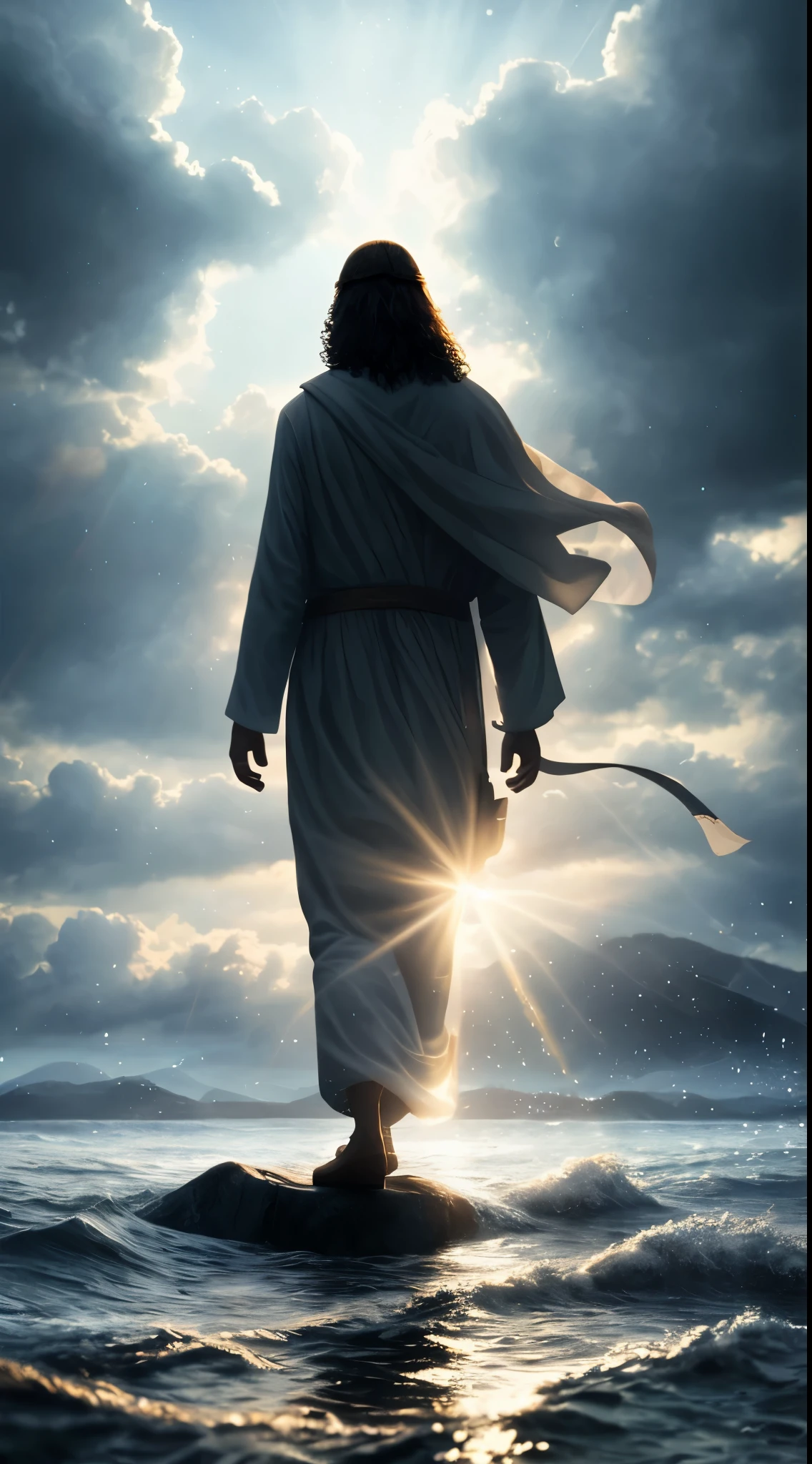 Jesus walking on water in a storm, Kind expression, rays of light descending from the sky, obra de arte, mais alta qualidade, alta qualidade, papel de parede de unidade CG altamente detalhada 8k, fotos premiadas, bokeh, profundidade de campo, HDR, florescer, chromatic aberration, realista, muito detalhado, trending na empresa ArtStation, trends at CGSociety, complexo, alto detalhe, dramatic, arte no meio da viagem, volumetric lighting