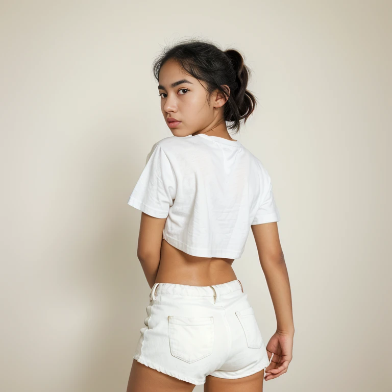 young woman, wide back, small breasts, white t-shirt, black hair, round face, small eyes, thick lips, small ears, short eyebrows, thin eyebrows, small eyelashes, cinnamon complexion, tan skin, olive skin, deep skin, thick, Daily life, Even distribution of weight, minimal difference between bust, waist, and hips,