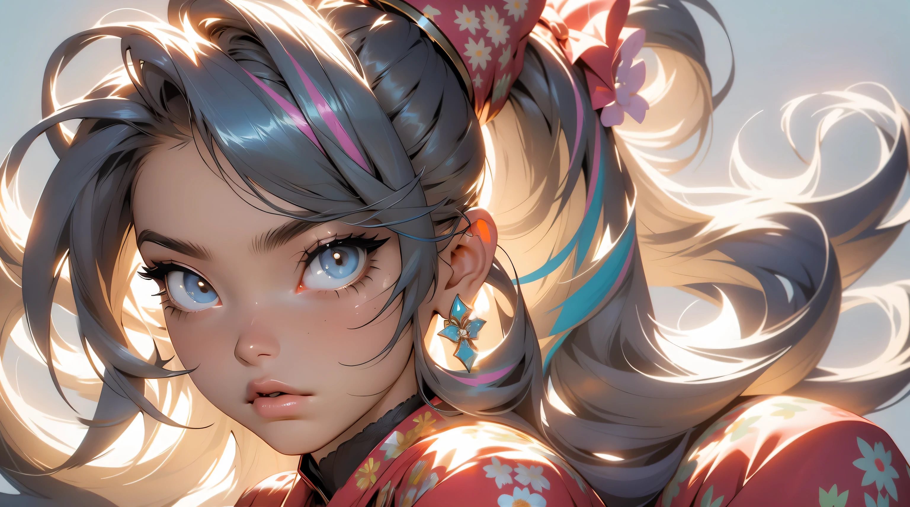 (masterpiece), (best quality), (ultra detailed),(disheveled hair),(illustration), (1girl), (Fashionable clothing), standing, Fashion model, looking at viewer, (interview), (simple background),beautiful detailed eyes, delicate beautiful face, Floating,(high saturation),(colorful splashes),colorful bubble,(shining), focus on face,  ponytail, kamisato ayaka, light blue hair, bangs, hair ring, floating flowers, floating hairs, (shining), best lighting, best shadow,