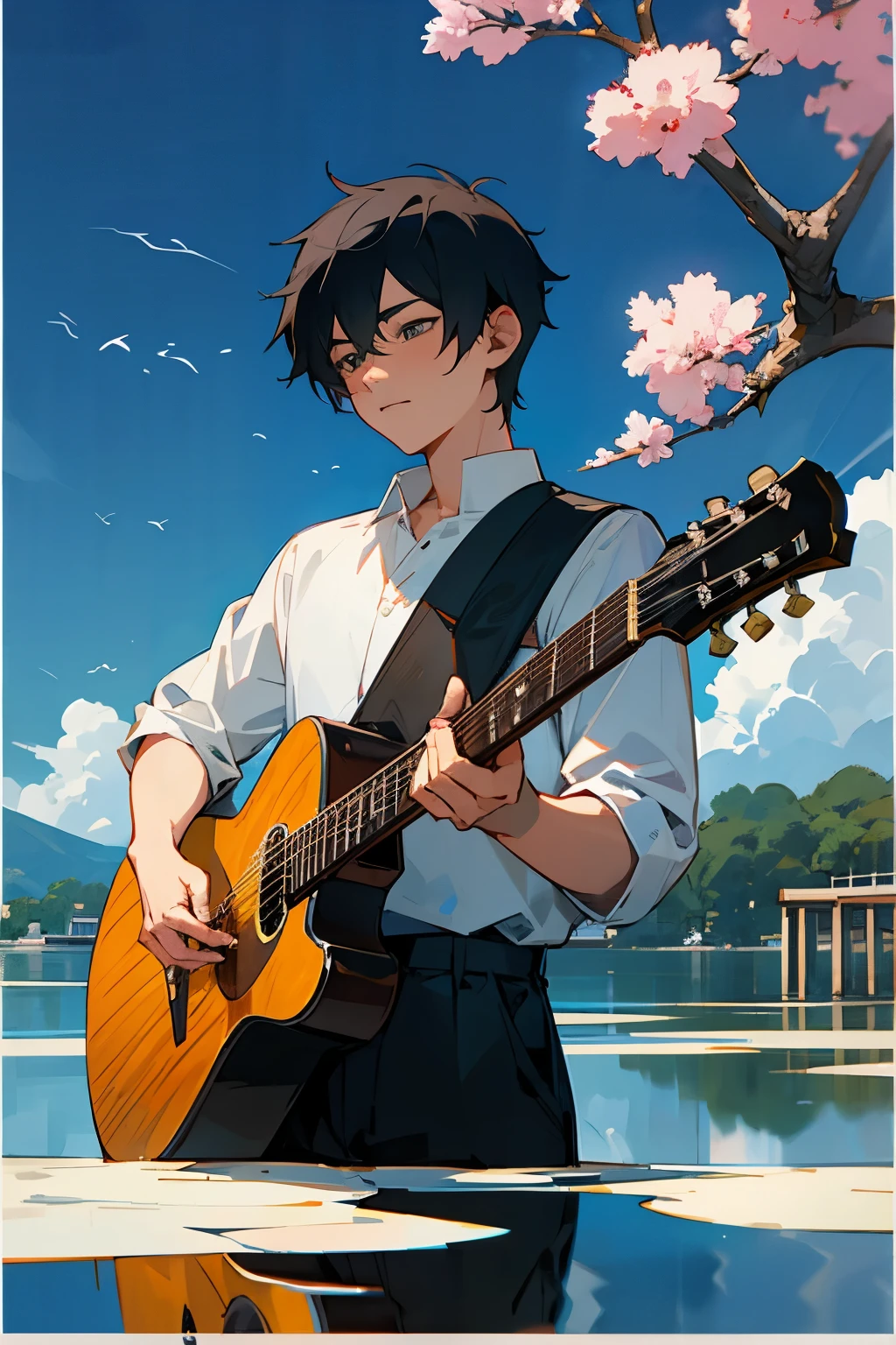 asian young man playing guitar, anime style, in the background we see a lake, some flowers in the front