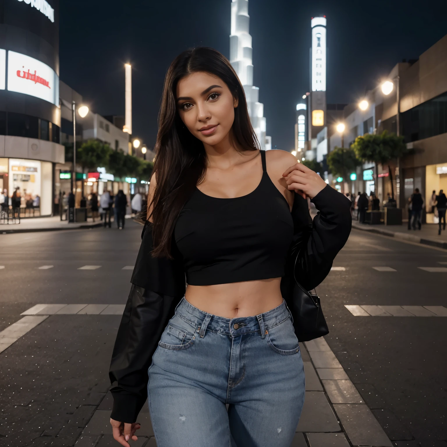 Full body shot of an attractive Lebanese e-girl woman, in schwarzem designer oversized top und weisser jeans, lachen, have fun, in huge dubai luxury shoppingmal at night, Kardashian-Gesicht, mit hellbrauner Haut, naturally, kein Make-up, naturally imperfections, schwarzes Haar, Aufgenommen mit einer Canon EOS R3 mit RF 1200mm f8 L IS USM, Kamerawinkel von der Seite und von unten, naturally light, full whole body, Realistische Fotografie, Hyperdetail, ULTRAHD, ULTRAHD, HDR, - no bad hands, keine Lampen