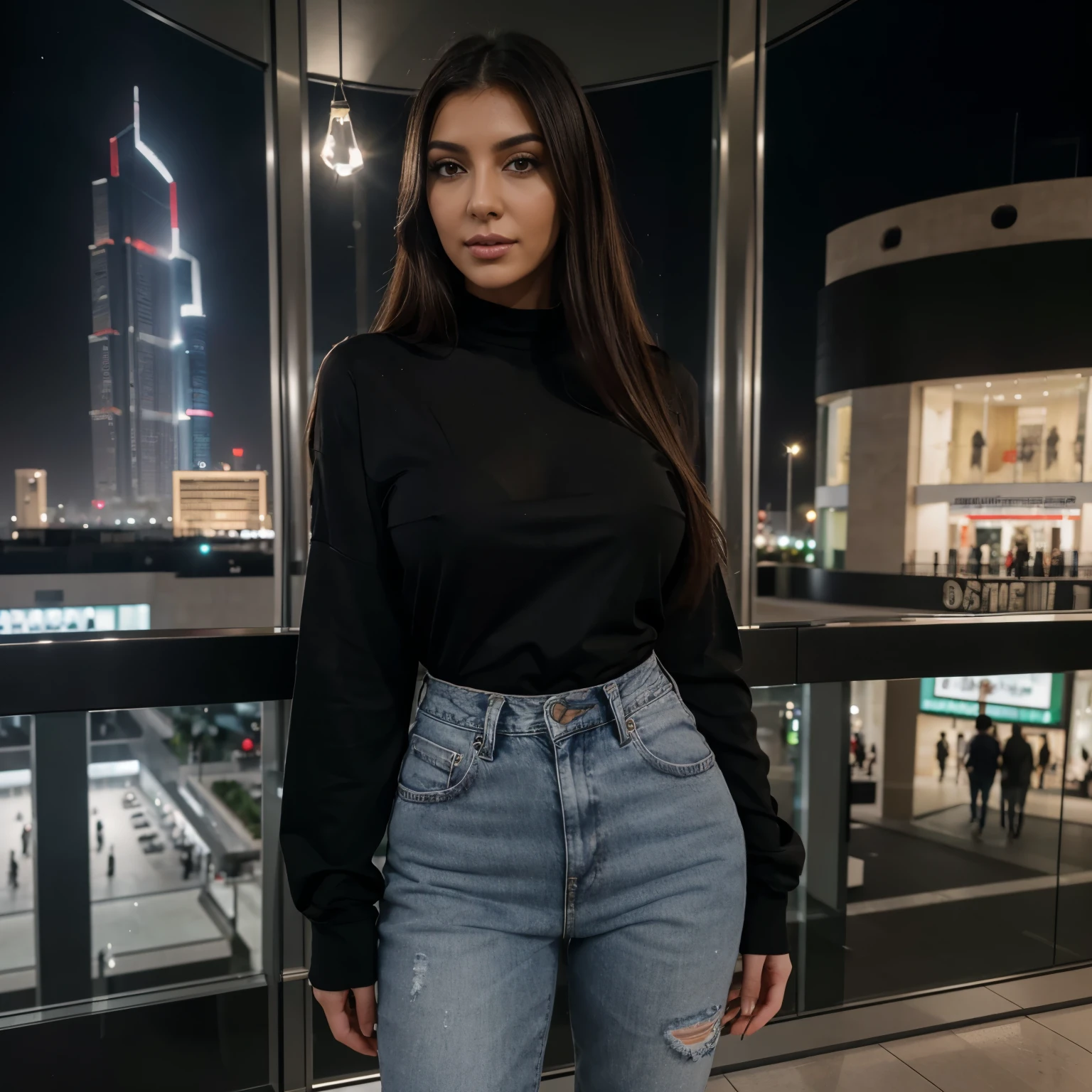 Full body shot of an attractive Lebanese e-girl woman, in schwarzem designer oversized top und weisser jeans, lachen, have fun, in huge dubai luxury shoppingmal at night, Kardashian-Gesicht, mit hellbrauner Haut, naturally, kein Make-up, naturally imperfections, schwarzes Haar, Aufgenommen mit einer Canon EOS R3 mit RF 1200mm f8 L IS USM, Kamerawinkel von der Seite und von unten, naturally light, full whole body, Realistische Fotografie, Hyperdetail, ULTRAHD, ULTRAHD, HDR, - no bad hands, keine Lampen