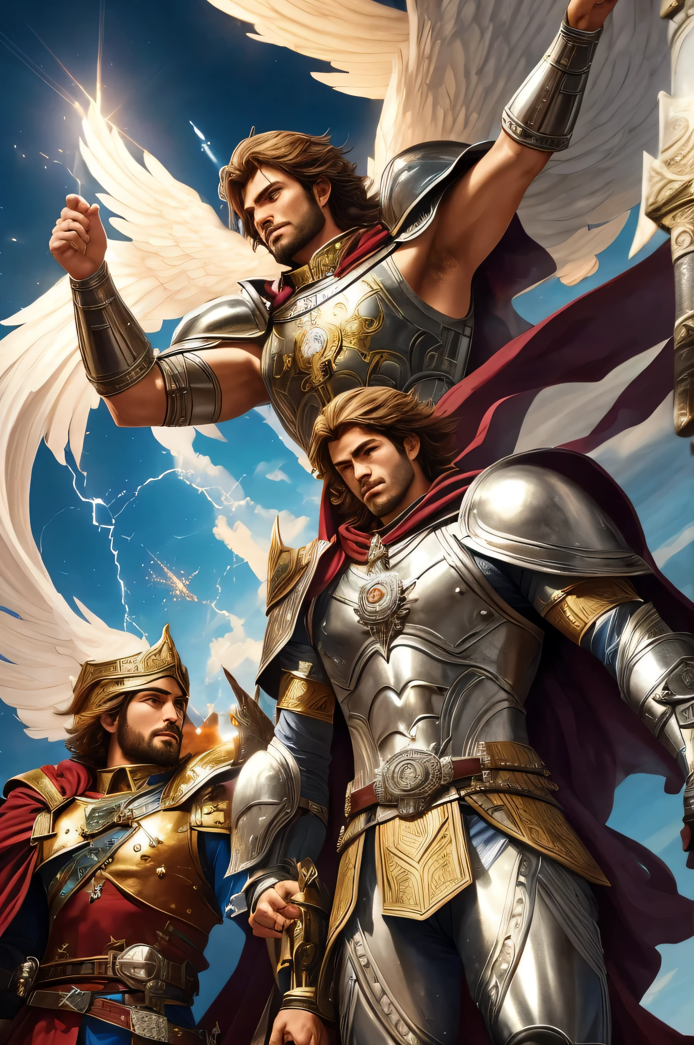 (dois anjos masculino, armaduras, basic, Descending from heaven with great power and glory), artistic, top lighting, hiper-detalhado, hiper-realista, 16k, obra-prima