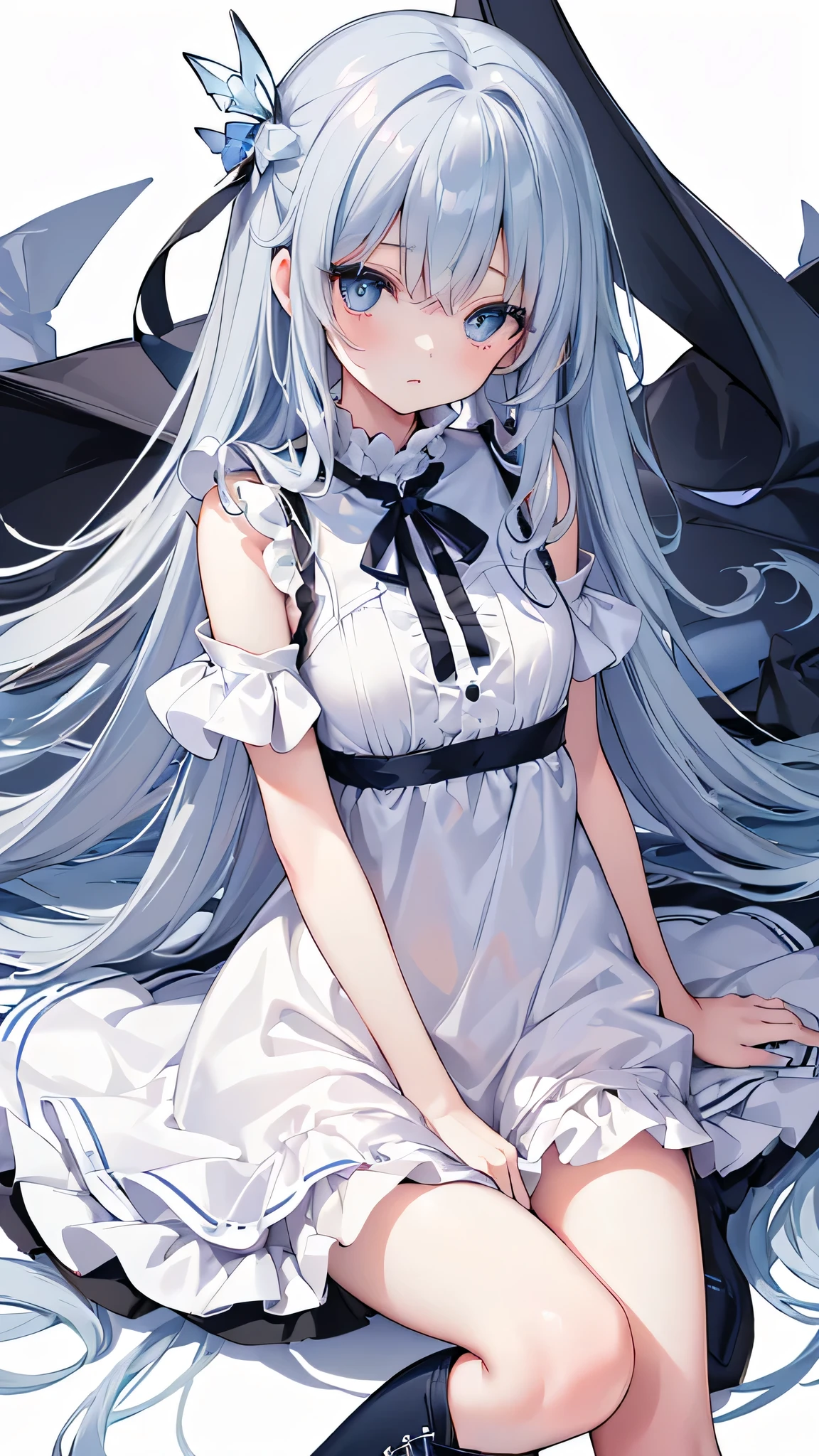 (muste piece, highest quality, ultra high resolution),1 girl,suit , beautiful and detailed face, fine eyes,((Gray and Blue theme)),((whole body)),perfect eyes、no background,white background,((wearing black boots)),((Cute fluttery white dress)),Isshiki、model、Beautiful thin legs、slender body,スーパーmodel