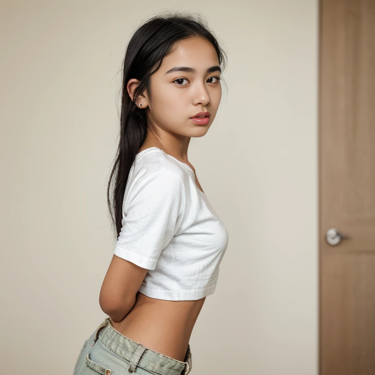 young woman, wide back, small breasts, white t-shirt, black hair, round face, small eyes, thick lips, small ears, short eyebrows, thin eyebrows, small eyelashes, cinnamon complexion, tan skin, olive skin, Even distribution of weight, minimal difference between bust, waist, and hips, thick, Daily life, 