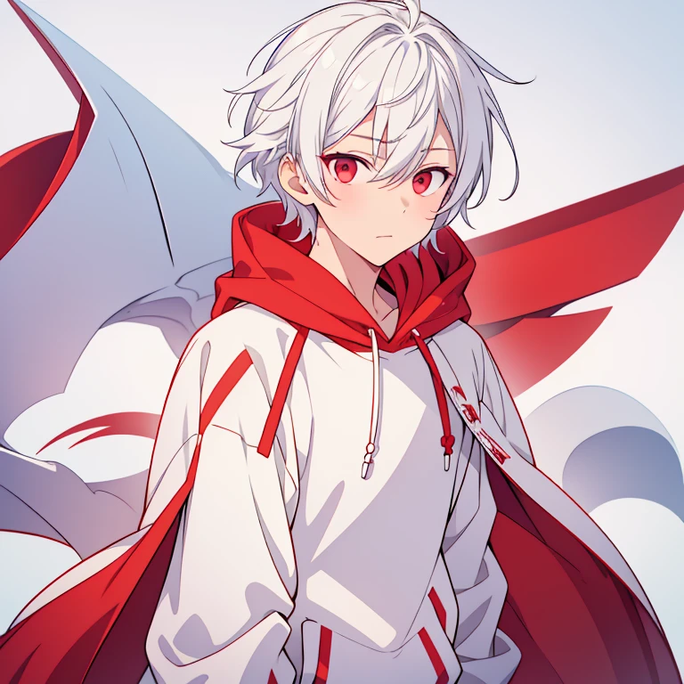 1boy, white hair, red eyes, white and red hoodie, white jeans, handsome, cute, look at viewer from beside, zoom at face, teenager, hot