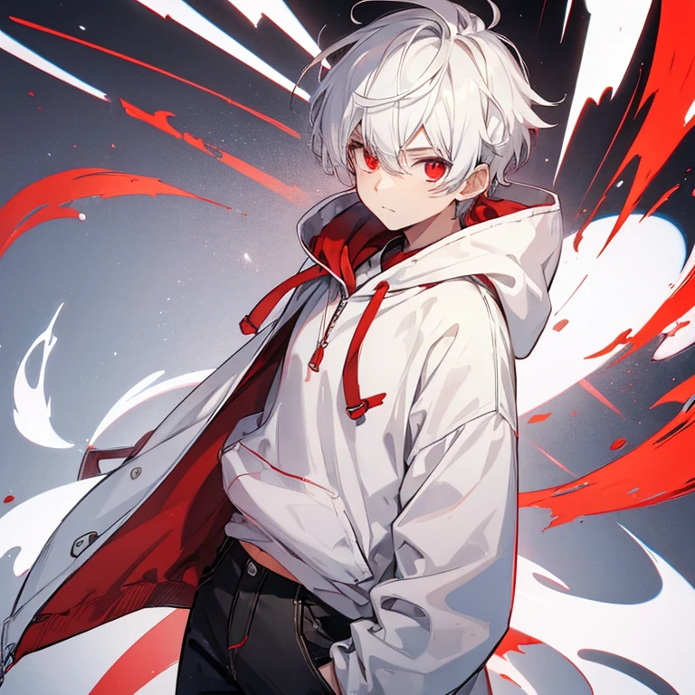 1boy, white hair, red eyes, white and red hoodie, white jeans, handsome, cute, look at viewer from beside, zoom at face, teenager, hot