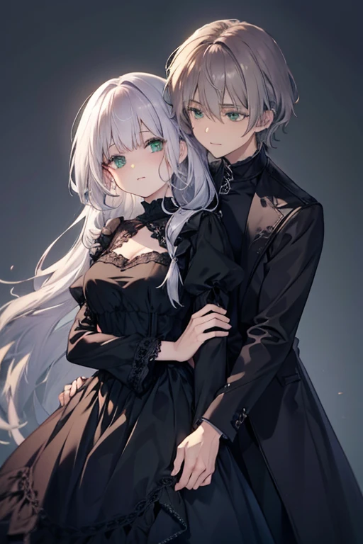 A silver haired woman with green eyes is wearing a gothic dress is hugging a black haired woman with brown hair.