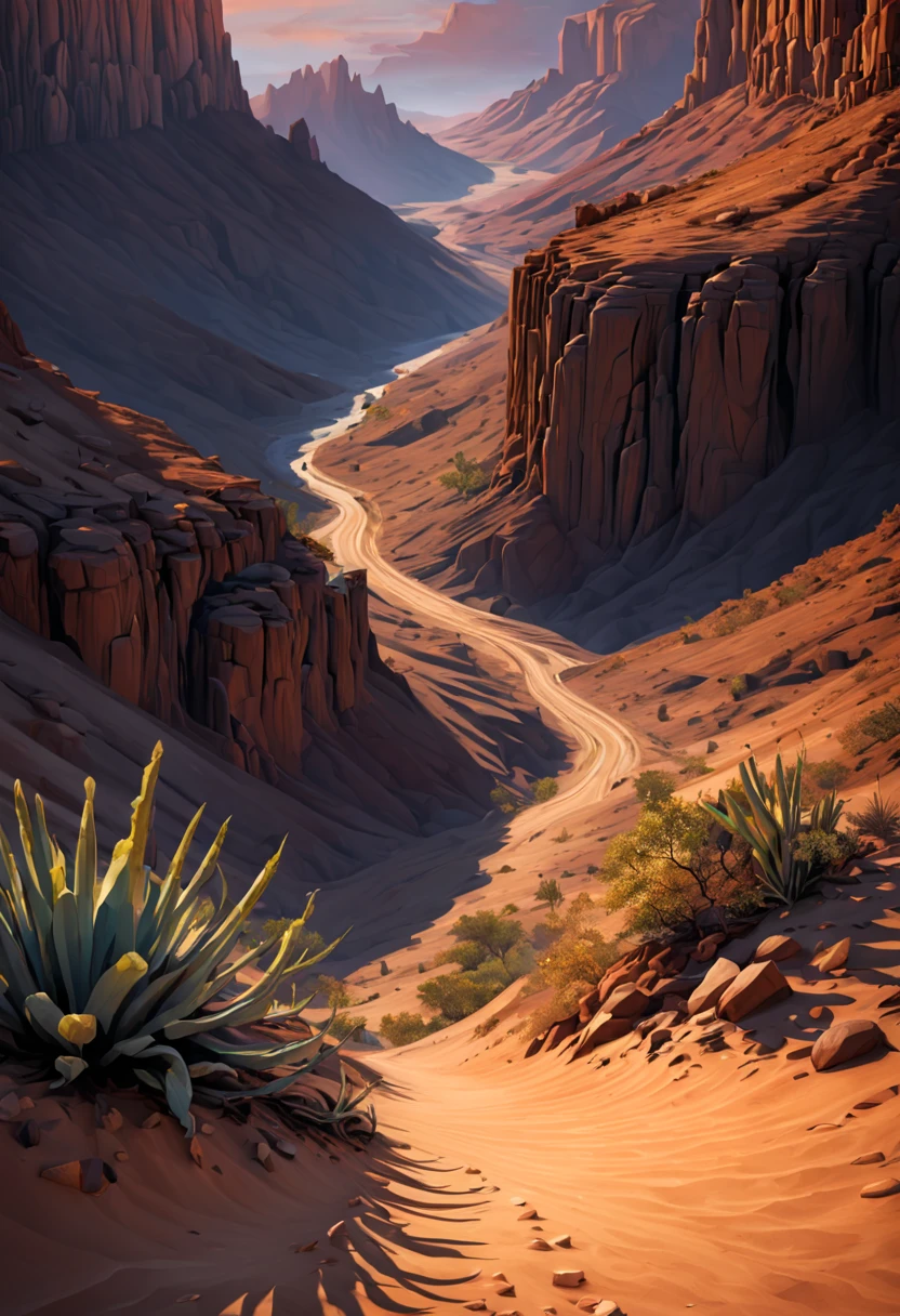 (best quality,4k,8k,highres,masterpiece:1.2),ultra-detailed,realistic:1.37,A stunning view of a desert canyon,landscape,fine-art photography,sunset colors,warm light,rock formations,sand dunes,spacious and vast scene,subtle shadows,contrast of light and darkness,silhouette of a lone cactus,crimson sky,peaceful and serene atmosphere,clear blue sky with wispy clouds,wide-angle perspective that captures the grandeur of the landscape,impressive depth of field that reveals the intricate textures of the rocks and sand,dramatic golden hour lighting that accentuates the rugged beauty of the canyon,harmony between the earthy tones and vibrant hues,layered and intricate details of the canyon walls,mesmerizing play of light and shadows,ethereal and mystical aura,immersive experience that transports the viewer into the heart of nature.