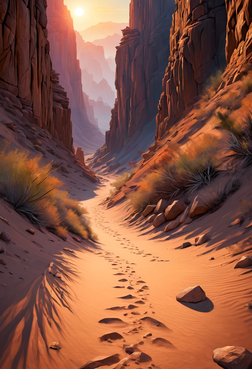 (best quality,4k,8k,highres,masterpiece:1.2),ultra-detailed,realistic:1.37,A stunning view of a desert canyon,landscape,fine-art photography,sunset colors,warm light,rock formations,sand dunes,spacious and vast scene,subtle shadows,contrast of light and darkness,silhouette of a lone cactus,crimson sky,peaceful and serene atmosphere,clear blue sky with wispy clouds,wide-angle perspective that captures the grandeur of the landscape,impressive depth of field that reveals the intricate textures of the rocks and sand,dramatic golden hour lighting that accentuates the rugged beauty of the canyon,harmony between the earthy tones and vibrant hues,layered and intricate details of the canyon walls,mesmerizing play of light and shadows,ethereal and mystical aura,immersive experience that transports the viewer into the heart of nature.