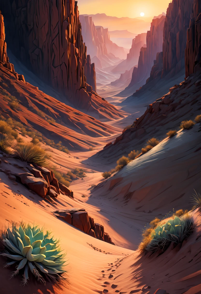 (best quality,4k,8k,highres,masterpiece:1.2),ultra-detailed,realistic:1.37,A stunning view of a desert canyon,landscape,fine-art photography,sunset colors,warm light,rock formations,sand dunes,spacious and vast scene,subtle shadows,contrast of light and darkness,silhouette of a lone cactus,crimson sky,peaceful and serene atmosphere,clear blue sky with wispy clouds,wide-angle perspective that captures the grandeur of the landscape,impressive depth of field that reveals the intricate textures of the rocks and sand,dramatic golden hour lighting that accentuates the rugged beauty of the canyon,harmony between the earthy tones and vibrant hues,layered and intricate details of the canyon walls,mesmerizing play of light and shadows,ethereal and mystical aura,immersive experience that transports the viewer into the heart of nature.