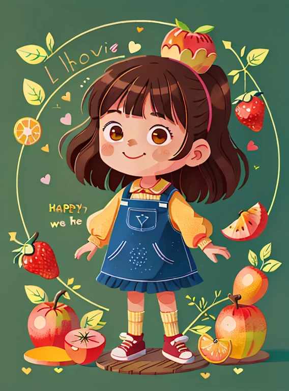 Girl with brown hair,(There is love)(There is love)Happy,orchard,those fruits,hold love,Surrounded by love,surrounded by love,blackboards,O sign,vector,line art,designs,inspiration,straight line,RHAD