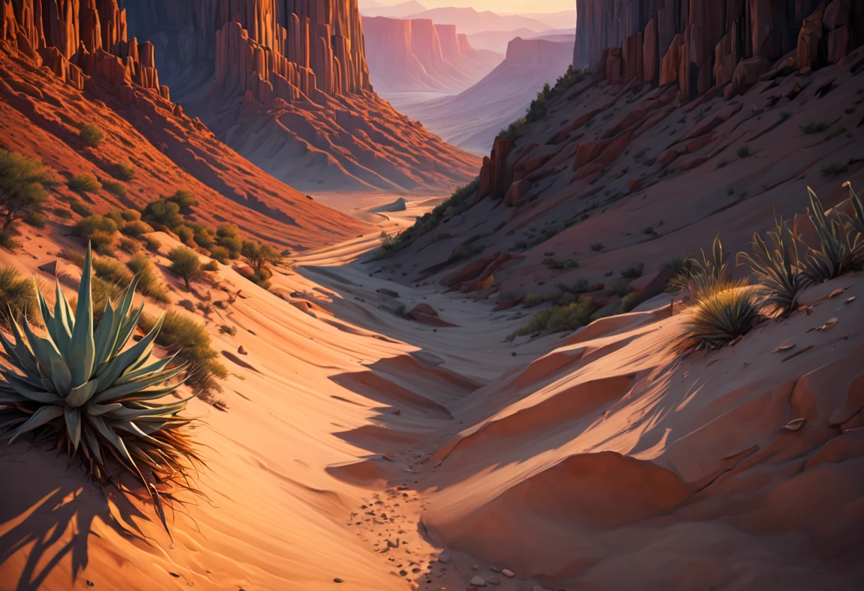 (best quality,4k,8k,highres,masterpiece:1.2),ultra-detailed,realistic:1.37,A stunning view of a desert canyon,landscape,fine-art photography,sunset colors,warm light,rock formations,sand dunes,spacious and vast scene,subtle shadows,contrast of light and darkness,silhouette of a lone cactus,crimson sky,peaceful and serene atmosphere,clear blue sky with wispy clouds,wide-angle perspective that captures the grandeur of the landscape,impressive depth of field that reveals the intricate textures of the rocks and sand,dramatic golden hour lighting that accentuates the rugged beauty of the canyon,harmony between the earthy tones and vibrant hues,layered and intricate details of the canyon walls,mesmerizing play of light and shadows,ethereal and mystical aura,immersive experience that transports the viewer into the heart of nature.