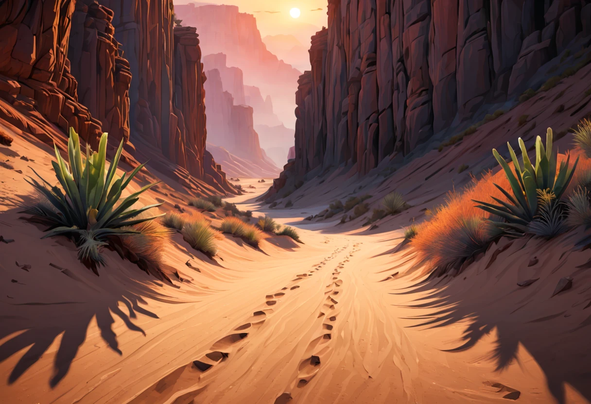(best quality,4k,8k,highres,masterpiece:1.2),ultra-detailed,realistic:1.37,A stunning view of a desert canyon,landscape,fine-art photography,sunset colors,warm light,rock formations,sand dunes,spacious and vast scene,subtle shadows,contrast of light and darkness,silhouette of a lone cactus,crimson sky,peaceful and serene atmosphere,clear blue sky with wispy clouds,wide-angle perspective that captures the grandeur of the landscape,impressive depth of field that reveals the intricate textures of the rocks and sand,dramatic golden hour lighting that accentuates the rugged beauty of the canyon,harmony between the earthy tones and vibrant hues,layered and intricate details of the canyon walls,mesmerizing play of light and shadows,ethereal and mystical aura,immersive experience that transports the viewer into the heart of nature.