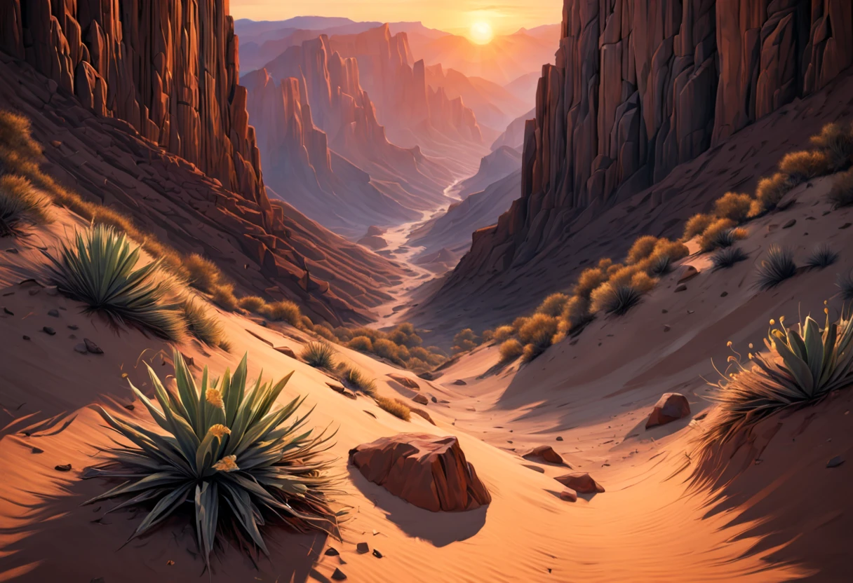 (best quality,4k,8k,highres,masterpiece:1.2),ultra-detailed,realistic:1.37,A stunning view of a desert canyon,landscape,fine-art photography,sunset colors,warm light,rock formations,sand dunes,spacious and vast scene,subtle shadows,contrast of light and darkness,silhouette of a lone cactus,crimson sky,peaceful and serene atmosphere,clear blue sky with wispy clouds,wide-angle perspective that captures the grandeur of the landscape,impressive depth of field that reveals the intricate textures of the rocks and sand,dramatic golden hour lighting that accentuates the rugged beauty of the canyon,harmony between the earthy tones and vibrant hues,layered and intricate details of the canyon walls,mesmerizing play of light and shadows,ethereal and mystical aura,immersive experience that transports the viewer into the heart of nature.