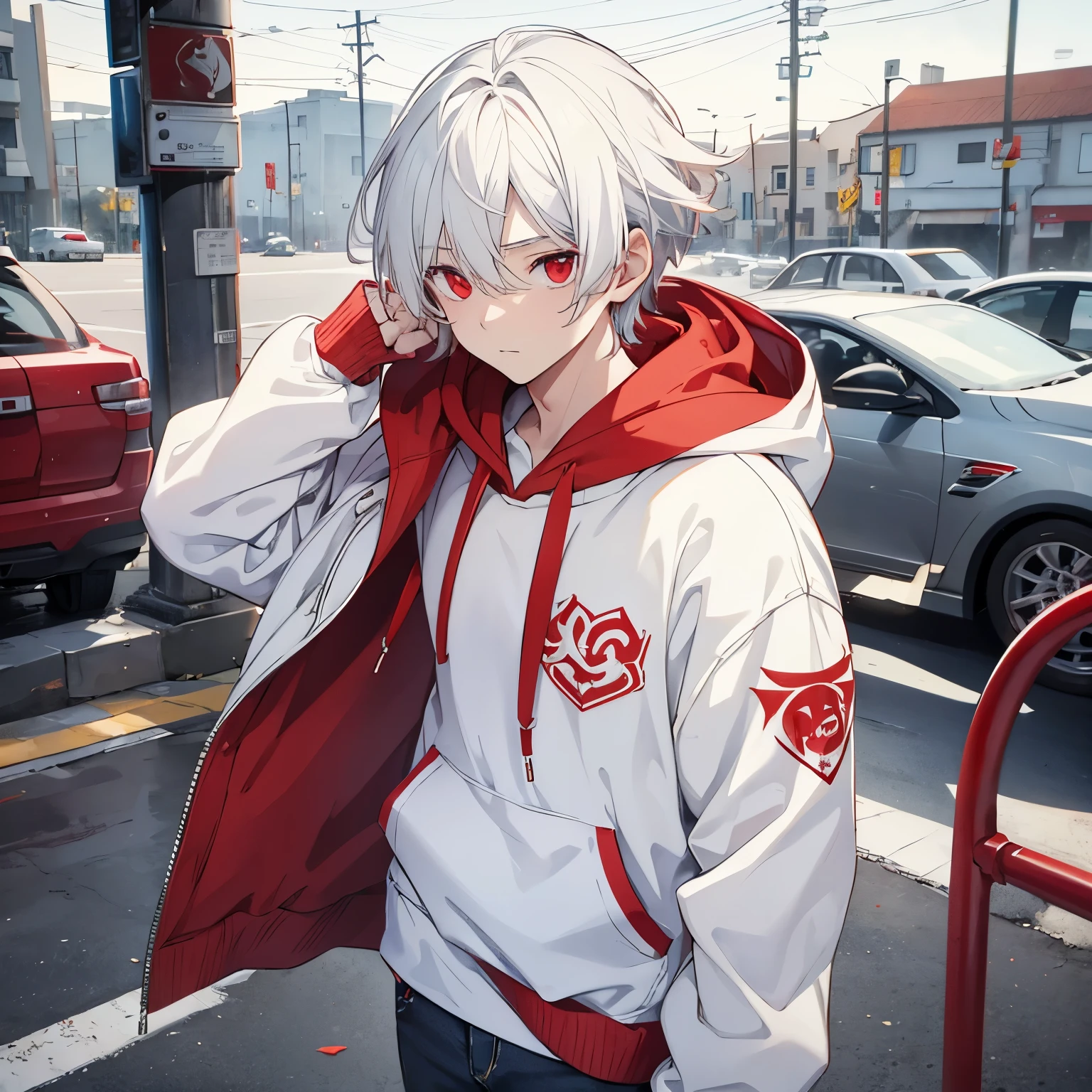 1boy, white hair, red eyes, white and red hoodie, white jeans, handsome, cute, look at viewer from beside, zoom at face, teenager, hot