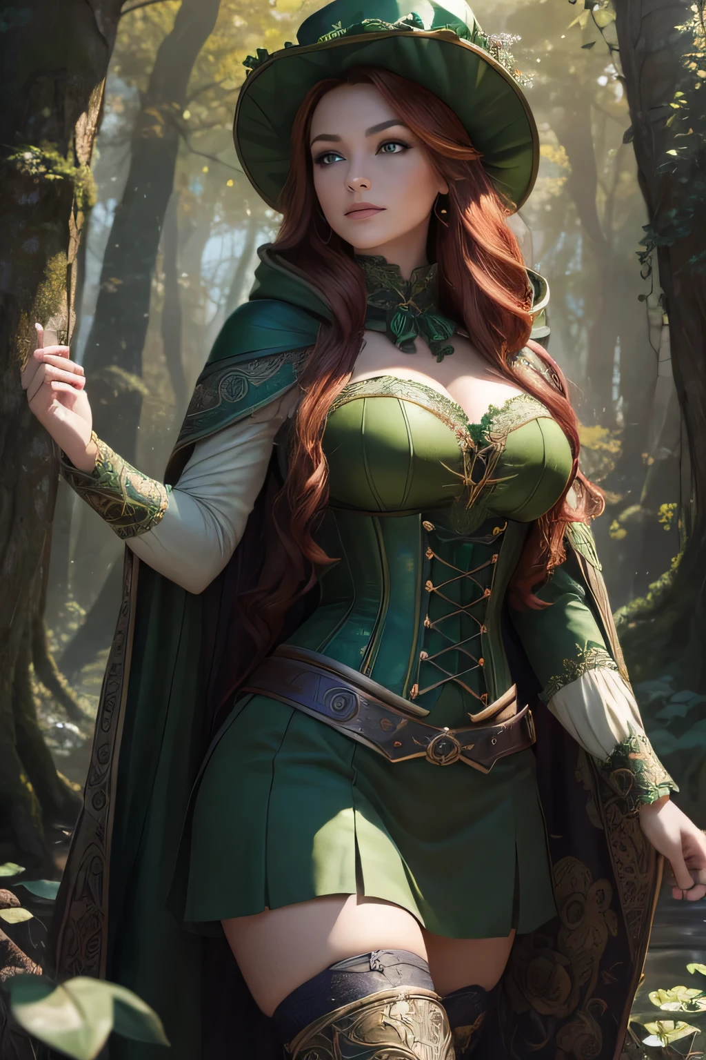 Masterpiece, high details, best quality, 8k, [ultra detailed], masterpiece, best quality, (extremely detailed), dynamic angle, ultra wide shot, RAW, photorealistic, fantasy art, dnd art, rpg art, realistic art, a wide angle picture of a female fairie ranger and her pet fox, warrior of nature, fighter of nature, full body, [[anatomically correct]]. dynamic position (1.5 intricate details, Masterpiece, best quality) talking to a fox, red fox, fantasy style, smoothlight (1.6 intricate details, Masterpiece, best quality) in forest (1.5 intricate details, Masterpiece, best quality), a female wearing hooded royal green cape (modest medium length dark green skirt with corset top) with thigh high green leather boots and hat (1.4 intricate details, Masterpiece, best quality), thick hair, long hair, auburn red hair, fair skin intense (brown) eyes, forest background (intense details), a stream flowing in the backgraound (1.4 intricate details, Masterpiece, best quality), dawn light, clouds (1.4 intricate details, Masterpiece, best quality), dynamic angle, (1.4 intricate details, Masterpiece, best quality) 3D rendering, high details, best quality, highres, ultra wide angle, celtic fantasy, clover, poison ivy, fae, goddess of mischief, green magic, (wearing green tophat), pixie, fairy, celtic, Autumn, beautiful autumn spirit, fall season, Dark colored roses, perfect creation, perfect art, highly detailed, detailed art, masterpiece, perfect creation, perfect art, (outlined iris), (perfect eyes), (full figure),