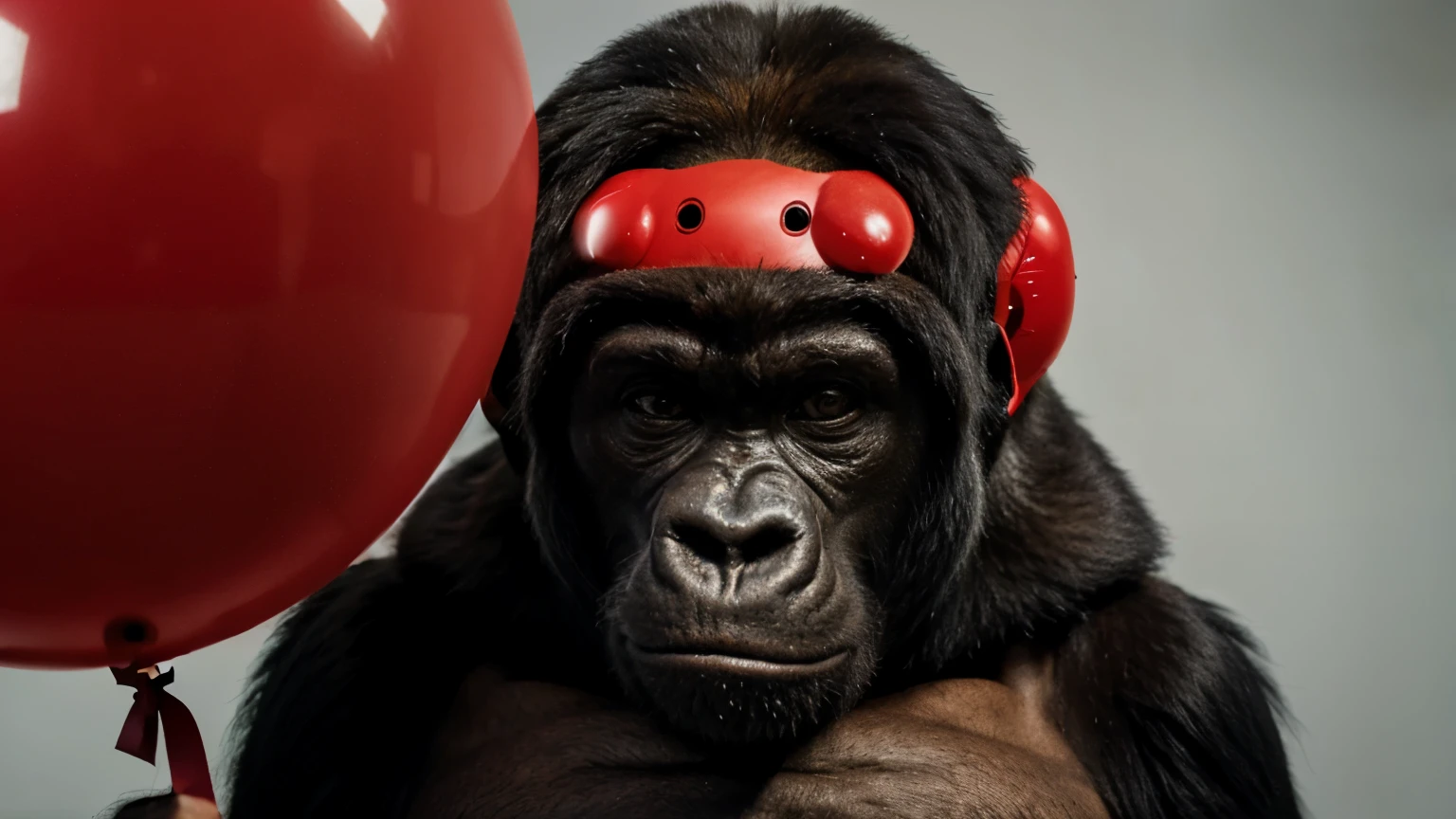 Create a gorilla with a brain helmet holding a red balloon, o fundo da foto deve ser preto