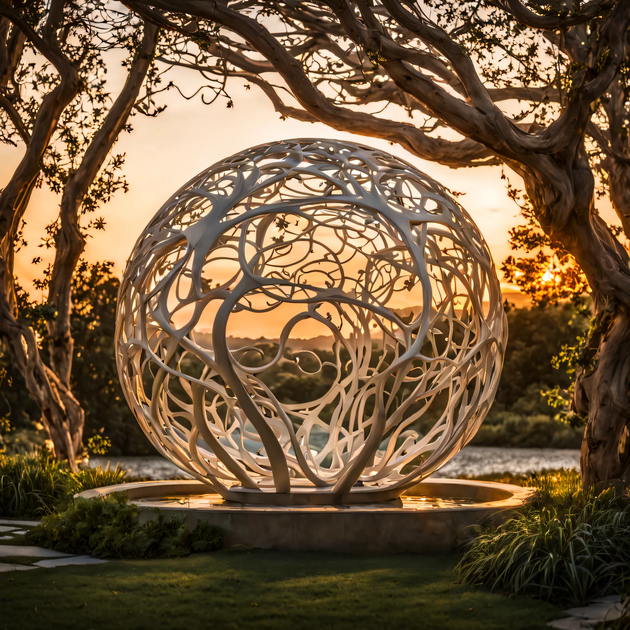 a detailed artwork that captures the essence of a serene landscape at dusk. The central focus should be a large, translucent sphere suspended in mid-air, reflecting the hues of the setting sun. Integrate elements of Art Nouveau architecture into the surroundings, with intricate, organic patterns merging seamlessly with the natural environment. Highlight the interconnectedness between the sphere and the landscape through delicate vines and tendrils intertwining with the architectural elements.