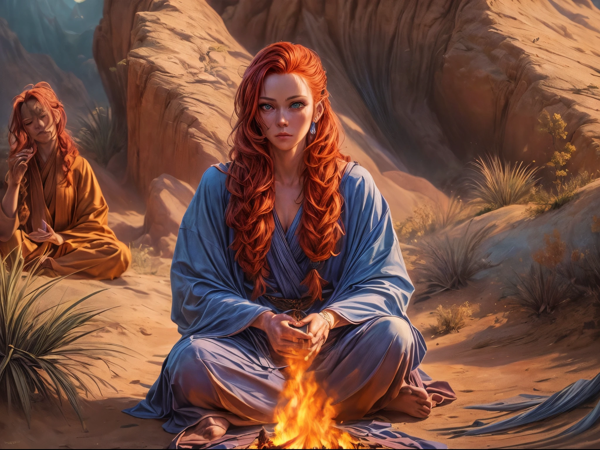 redhead Irish  girl with freckles ,  nipple chains,  big boobs, nice lips, harem pants, see through, lit by firelight, desert camp, clyde caldwell