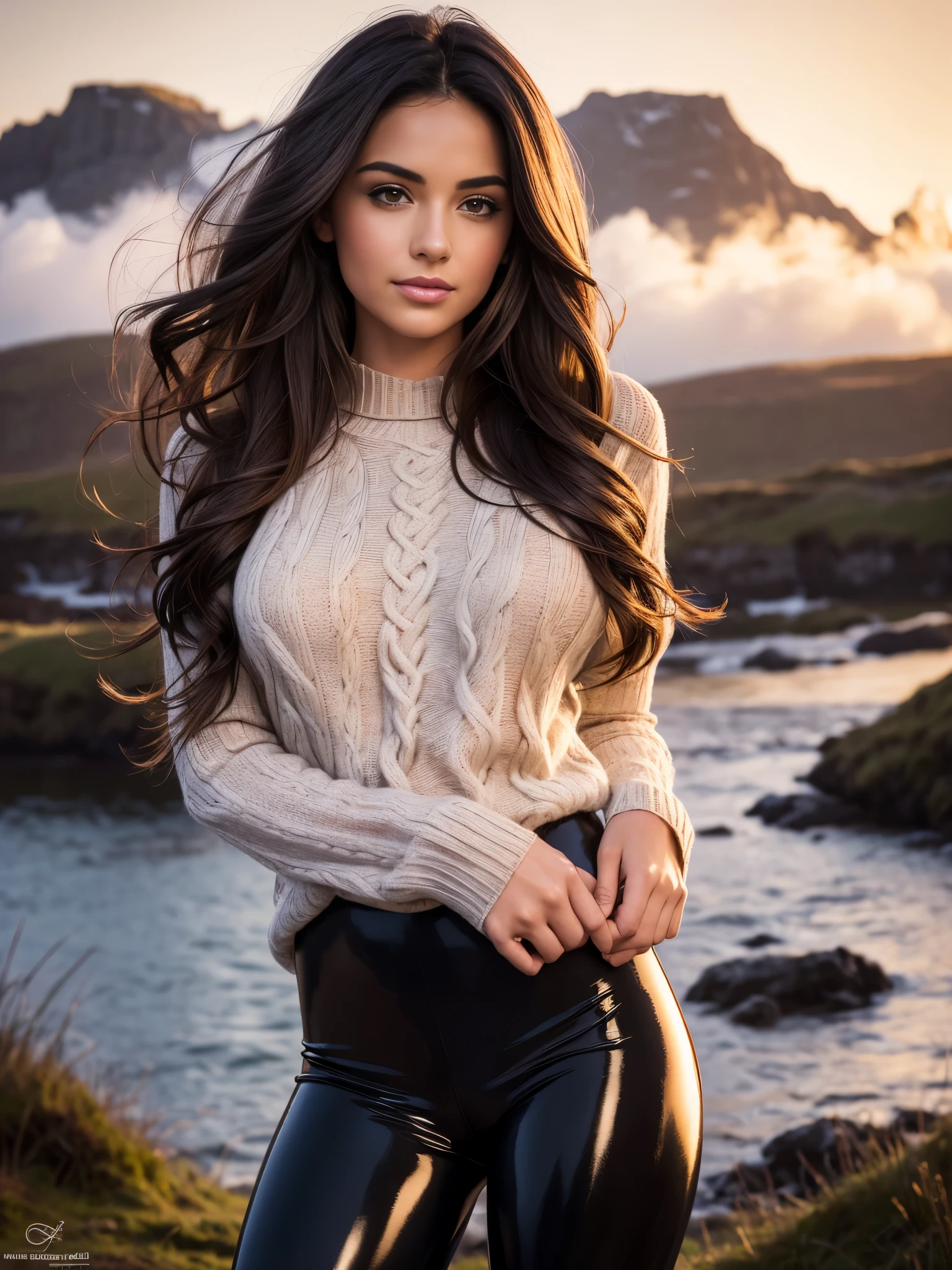 Foreground: a gorgeous European light brunette woman, age 23, wet wavy hair in the wind. she's a men magazine model, She has a subtle smile and flirts with the camera, (she wears casual shirt with a long wool sweater and latex leggings:1.2),background landscape of Scotland Loch and Scottish castle ruins, (in sunset light:1.2), perfect eyes, perfect hands, perfect body, perfect hair, perfect breast, hair behind ear, UHD, retina, masterpiece, accurate, anatomically correct, textured skin, super detail, high details, high quality, award winning, best quality, highres, 16k, 8k,