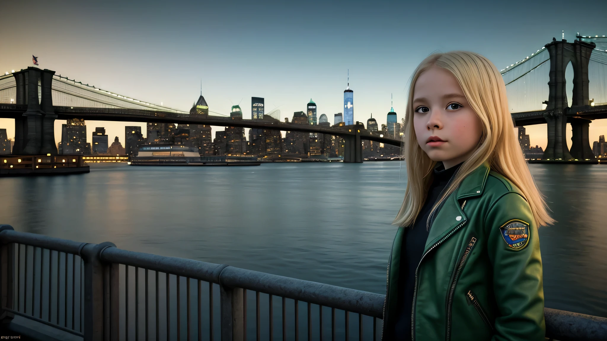 blond kids girl in green leather jacket standing on a bridge over water, new york backdrop, matte painting portrait shot, portrait shot, brooklyn background, by derek zabrocki, new york city as backdrop, astonishing, city backdrop, closeup shot, in matte painting, profile shot, stylized fantasy artwork, fantasy setting, photoshot, poster shot