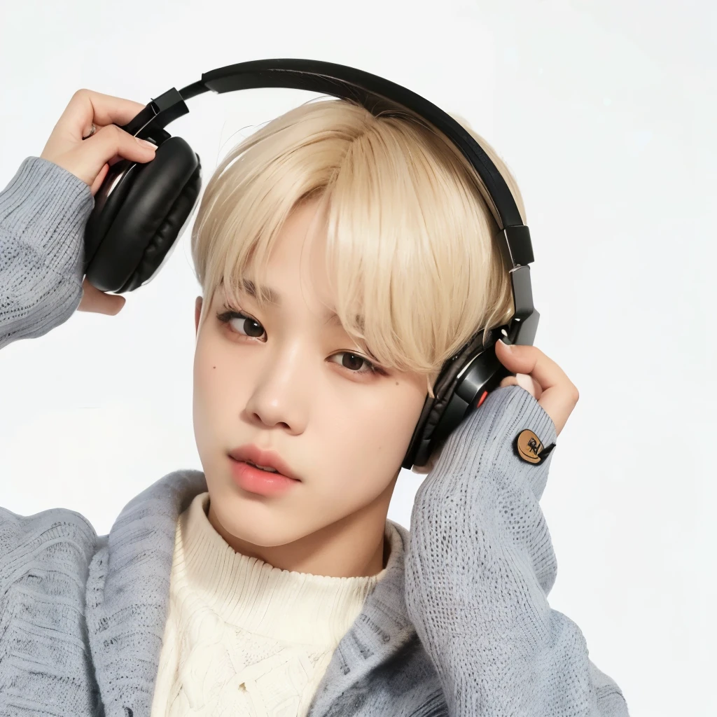 Close-up of a person wearing headphones and a sweater;, Jimin, Parque Jimin, Jimin\doll with full lips, rosto preciso do Jimin, Kim Doyoung, com fones de ouvido, com fones de ouvido, ele tem fones de ouvido, Jimin\o nariz grego, hyung tae, BTS, com cabelo curto, Jimin\the right eyelid is swollen, Jungkook
