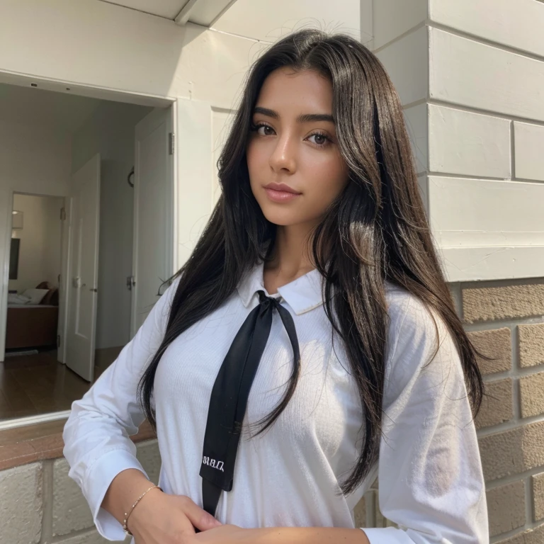 Hermosa Chica joven con el pelo negro lacio con la mano en el pelo, que luzca atractiva y sea muy realista.