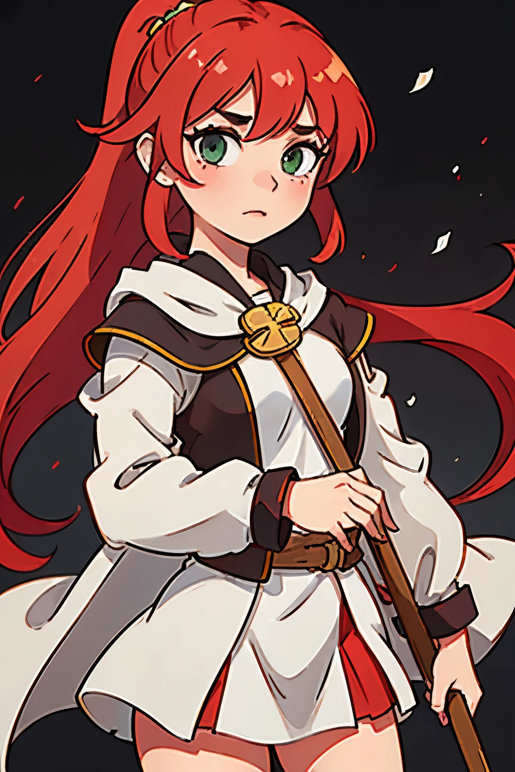 1 girl, redhair, tied ponytail, green eyes, cleric robes, holding a ceremonial staff, small tits, flat chest, round face
