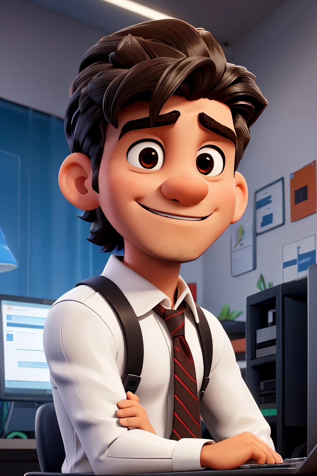 homem jovem, cabelo penteado de lado, cabelo preto, em frente a um computador ao redor hexagonos pretos azuis e brancos