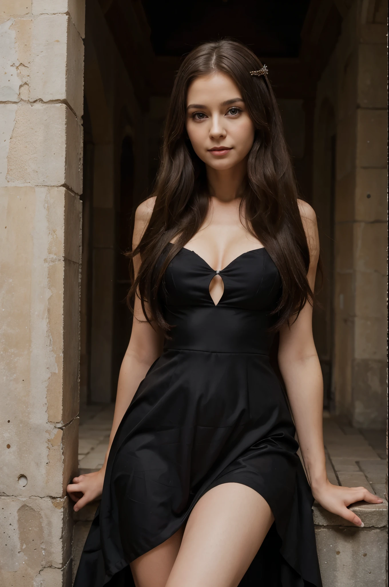 masterpiece, best quality, 1girl, solo, ((mature female)), round pupils, long hair, hair, princess, black dress, fantasy, happy, looking at viewer
