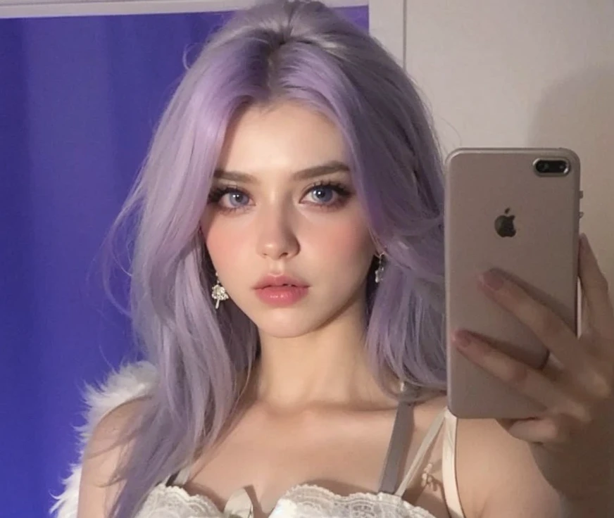 Araffada woman with purple hair and white dress taking a selfie, pelo lila, ava max, pale skin and purple eyes, 18 years, ella tiene el pelo morado, pelo lavanda, , bella delfina, pale gothic beauty, pastel goth aesthetic, hada ellie bamber, pelo violeta, pelo largo de color violeta claro