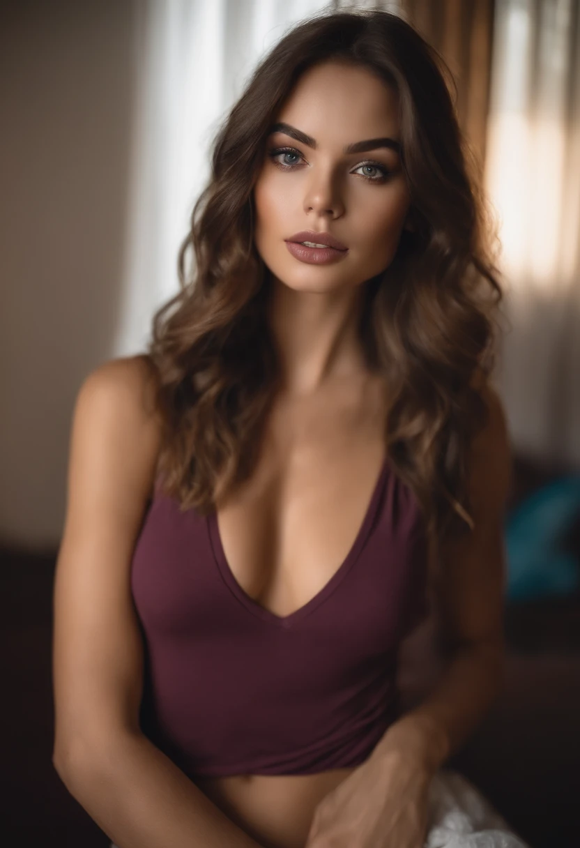 Femme arafed avec débardeur et culotte assortis, fille sexy aux yeux bruns, Portrait de Sophie Mudd, cheveux bruns et grands yeux, selfie d&#39;une jeune femme, Yeux de chambre, Violette Myers, sans maquillage, maquillage naturel, regarder directement la caméra, Visage avec Artgram, Maquillage subtil, Superbe photo de tout le corps agenouillé sur le lit, dans la chambre, Buste moyen à large, sexy ; ;pas