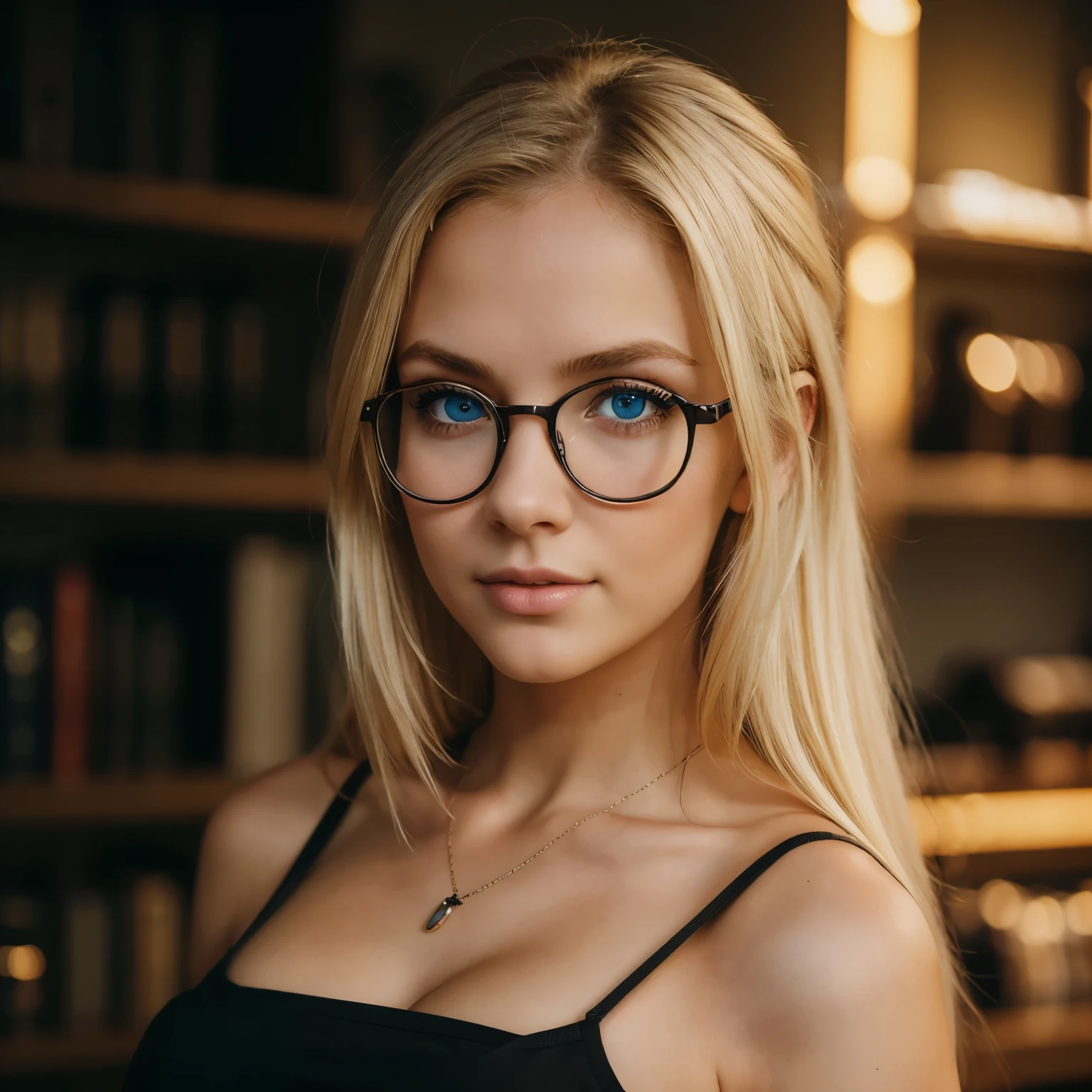professional, (4k-photo:1.1) By (JeremyLipking:0.3), (Dietman Anna:0.3), (arian mark:0.3), (Sharp focus:1.3), High detail, Wearing (Low-top shirts:1.2), Beautiful detailed face, blueeyes, blue eyes, Long blonde hair, (Attractive young woman:1.3), (Seductive:1.1), (Blushing:1.1), Hourglass body type, great circle, Wide buttock, blonde goddess, Pretty face, Perfect white haired girl, beautiful blonde girl, Good young girl, Cute girl, gorgeous blonde, boobs, dark background, close shot of the face, big cute glasses, glasses too big for her, very big glasses, black shirt, black top, selfie, selfie that she take herself