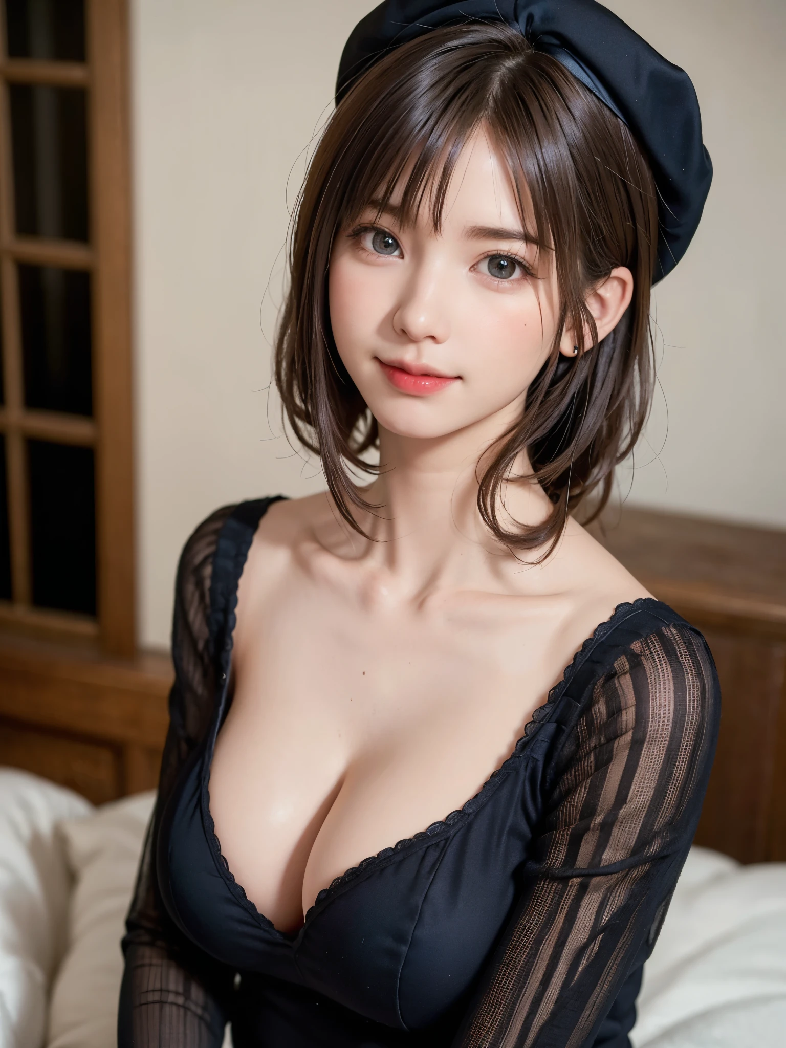 (masterpiece, highest quality),1 girl, solo, black haired, scarf, hat of, realistic, realistic, looking at the viewer, pale black eyes, brunette short bob hair, brown fur, winter clothes, White headscarf, lips, bangs, outdoors, closed mouth, upper body、Big eyes、Beautiful landscape of lassi sparkling snow))、(((bangsのある短いボブヘア、shiny hair、Big eyes、large full chest、intense eye highlights、look at the viewer、beautiful beauty、Please show your ears、long neck、smile a little、please close your mouth and smile、ideal body proportions)))、{huge|big|hugeな|mega} chest, cleavage