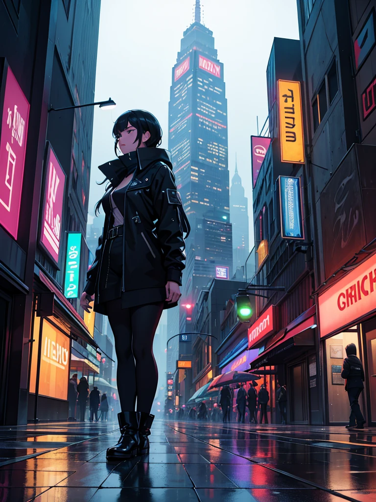 The prompt: detailed city streets, bustling crowd, historic architecture, vivid colors, dramatic lighting, rainy weather, reflective surfaces, urban nightlife, futuristic vibe, neon lights, towering skyscrapers. (best quality, 4k, highres, HDR, ultra-detailed), [calm atmosphere], [subtle rain], [romantic ambiance].