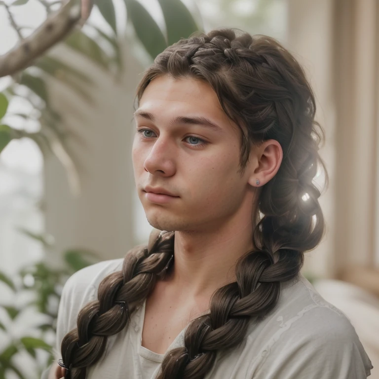 20-year-old boy, with a soft face and long eyelashes, his hair styled in a French braid. The boy's appearance should be realistic with high definition, focusing on his upper body.