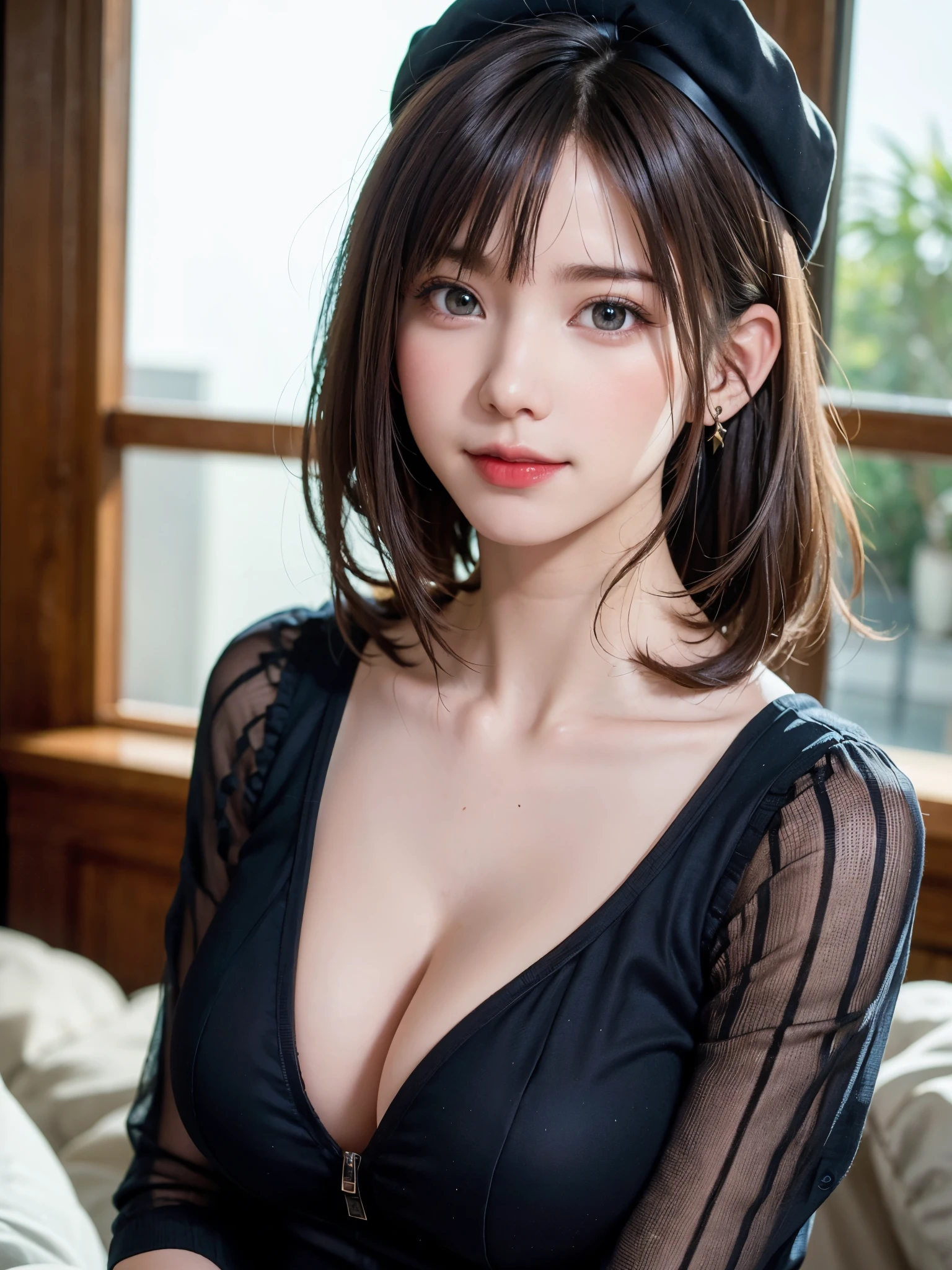 (masterpiece, highest quality),1 girl, solo, black haired, scarf, hat of, realistic, realistic, looking at the viewer, pale black eyes, brunette short bob hair, brown fur, winter clothes, White headscarf, lips, bangs, outdoors, closed mouth, upper body、Big eyes、Beautiful landscape of lassi sparkling snow))、(((bangsのある短いボブヘア、shiny hair、Big eyes、large full chest、intense eye highlights、look at the viewer、beautiful beauty、Please show your ears、long neck、smile a little、please close your mouth and smile、ideal body proportions)))、{huge|big|hugeな|mega} chest, cleavage
