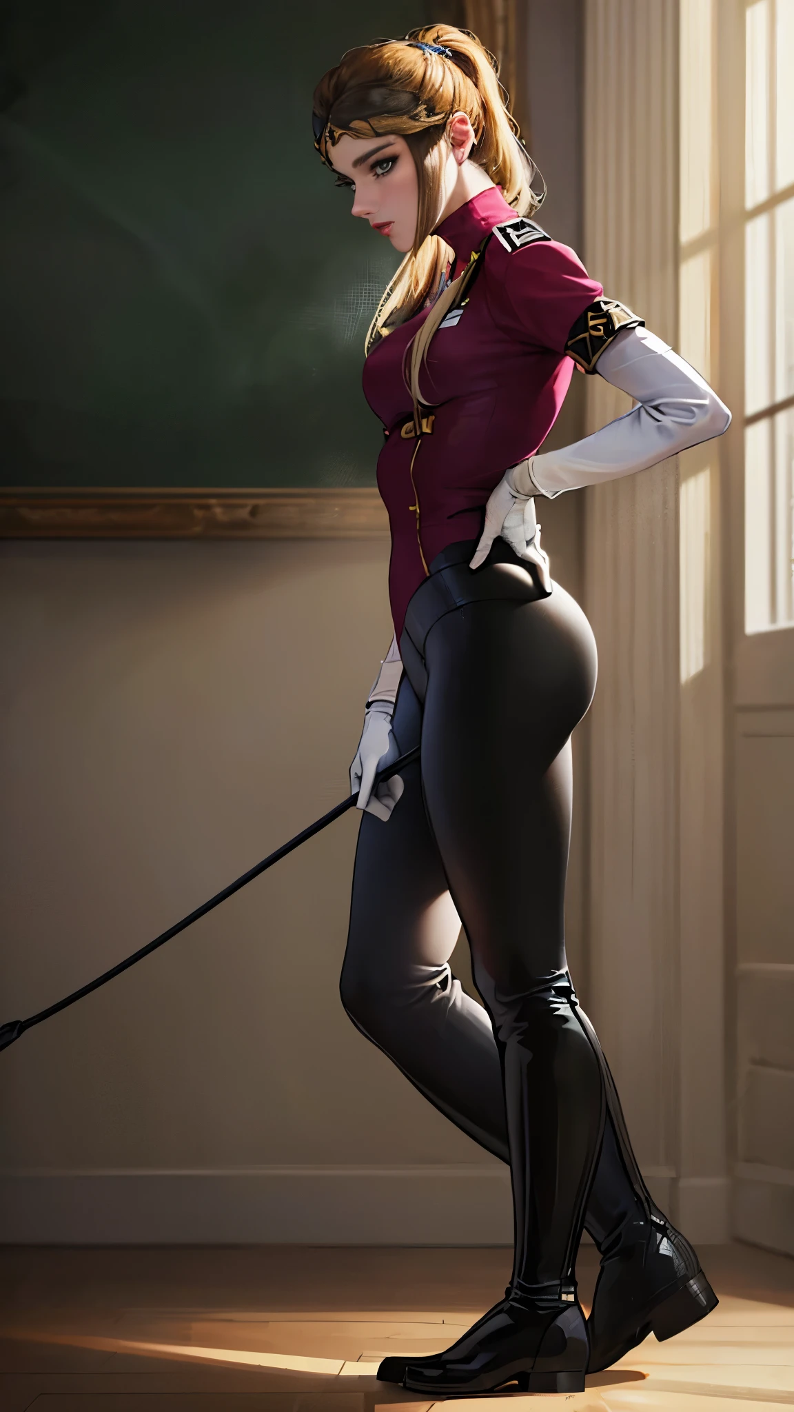 (highest resolution, distinct_image) best quality, a woman, solo, masterpiece, highly detailed, semi realistic, blonde hair, bangs, 18 years old, mature, young, tall strong, uniform, military uniform( large indoor background), cold, serious, tall, handsome, autocratic, powerful, exquisite facial features, exquisite facial features, (full body)(black knee-high boots:1.4)(dominatrix:0.3)(white Yoga pants:1.3),(gloves:1.5)(long sleeves),(active sportswear shirt),(princess Zelda),solo,1girl,(looking at viewer),(head turned upwards:0.3)(smiling:0.4)(bodysuit:0.3)(holding riding crop:1.2)(other hand empty)(muscular:0.5)(shirt tucket in pants)(pretty face)(indoor)(marble)(palace),luxury,bedroom,prison