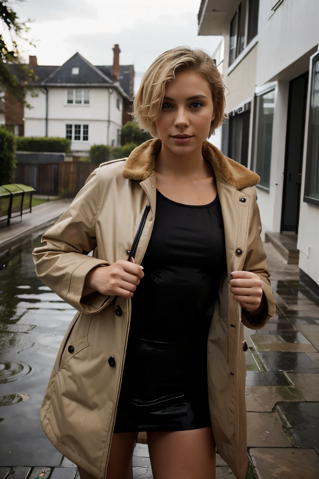 self confident young woman with short blond hair and coat getting wet
