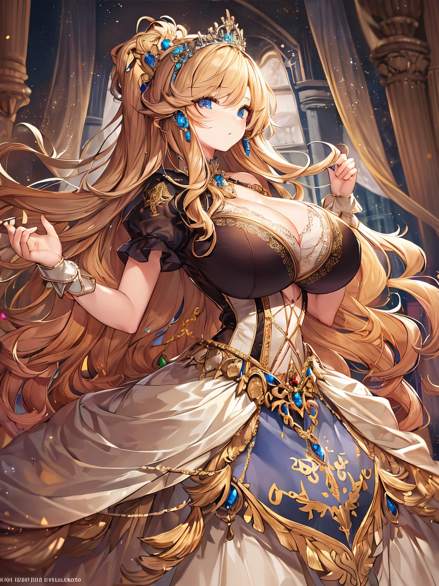 (anime artstyle),Masterpiece,Best Quality,Super Detail,Very Delicate and Beautiful,(((Solo))),((full body)),(((one princess in gorgeous rococo ball gown with voluminous hoop skirt))),((crinoline)),Long train,((((Very gigantic boobs,Skindentation)))),cleavage,((gorgeous rococo ballgown with beautiful embroidery and bling-bling jeweled)),beautiful embroidery and jeweled gorgeous rococo ballgown with many ruffles,beautiful embroidery and bling-bling jeweled gorgeous rococo ballgown,gorgeous rococo ballgown with voluminous hoop skirt,((gorgeousfull embroidery and lace)),detailed face and eyes,jewel-like eyes,((extremely voluminous straight Hair,Very Long Straight Hair)),gorgeousfull big hair ornament,((bling-bling gorgeousfull jeweled big tiara)),bling-bling jewels,Glitter Gorgeous Gemstone Jewelry,Looking at viewer,((gorgeous princess rococo ball gown with voluminous hoop skirt)),full body