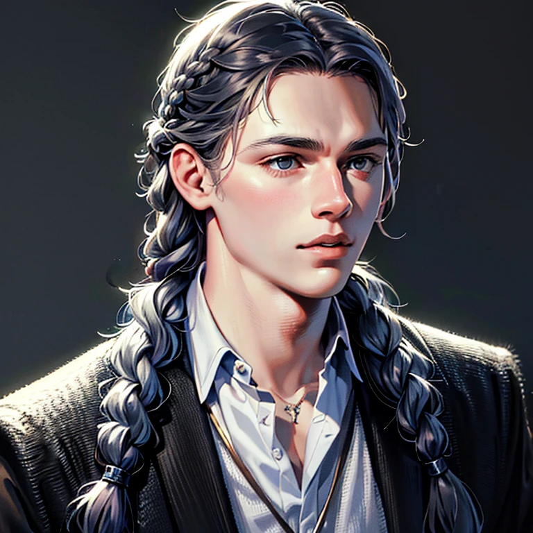 a 20 year old boy, soft face, long eyelashes, long hair in french braid, realistic, high definition,half body