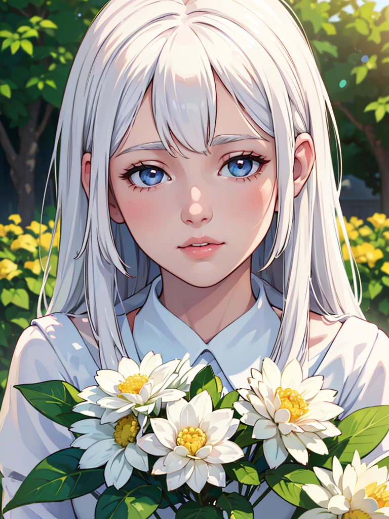 (best quality,highres,realistic:1.37),white-haired girl portrait,beautiful detailed eyes,beautiful detailed lips,soft porcelain skin,gentle expression,wearing a flowing white dress,natural sunlight,subtle golden hour lighting,lush garden background,colorful flowers,bokeh.