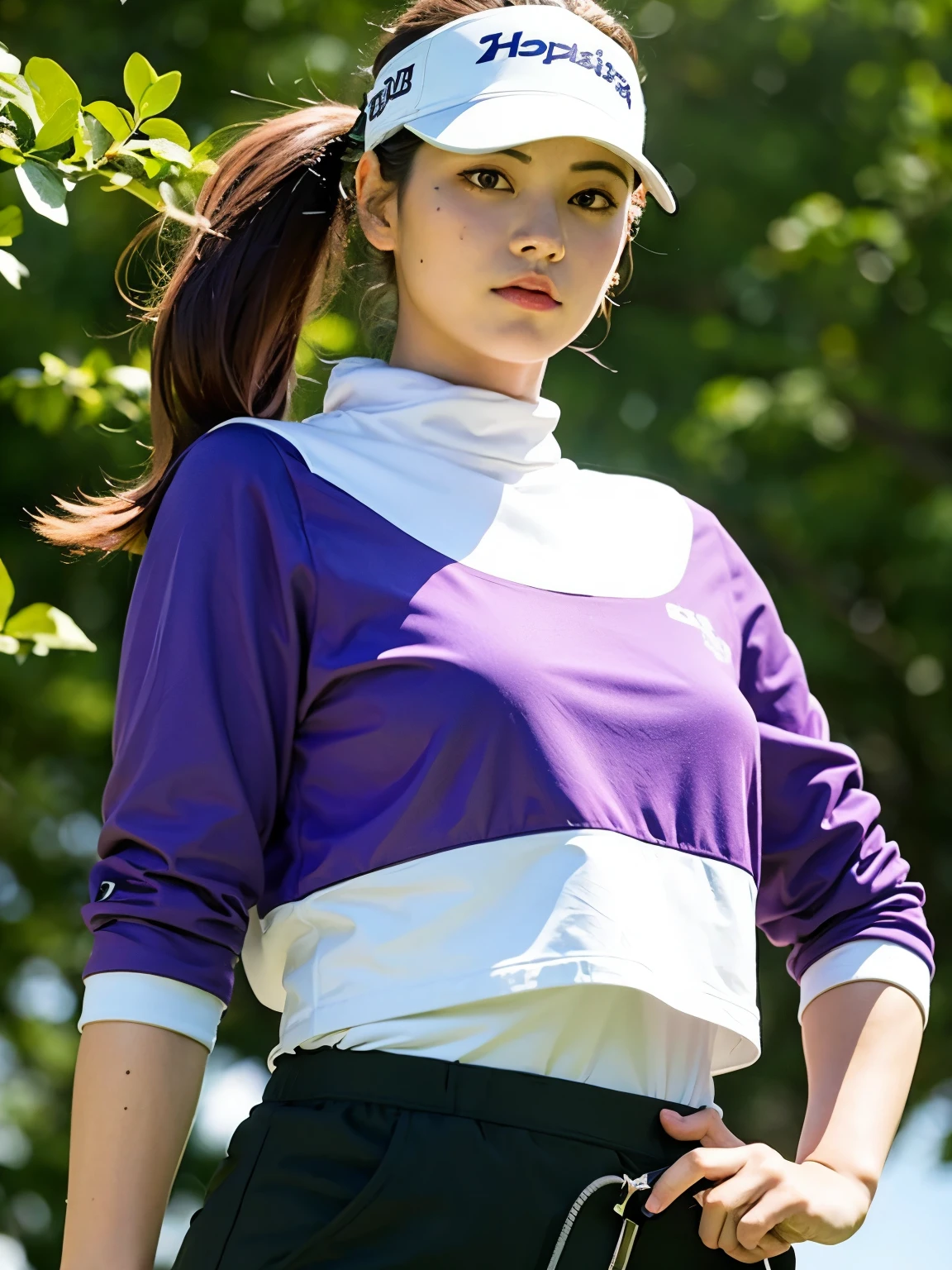 woman, O golf course, golf wear, skirt, long sleeve, purple hair, Sun visor, purple eyes, Wearing golf gloves, holding a golf club, epic scene, best configuration, (muste piece, 最high quality, hire, high quality, by professional artists, super detailed, very detailed, absurd, amazing resolution:1.2)