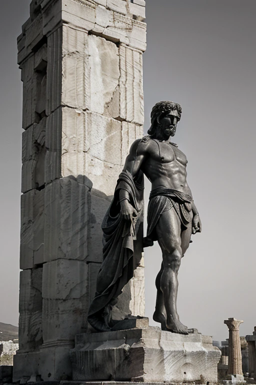 A dark landscape image of an ancient greek society deeply connected to stoicism, black and white, ancient greek architecture, include one single big statue of a stereotypical strong greek man, marcus aurelius