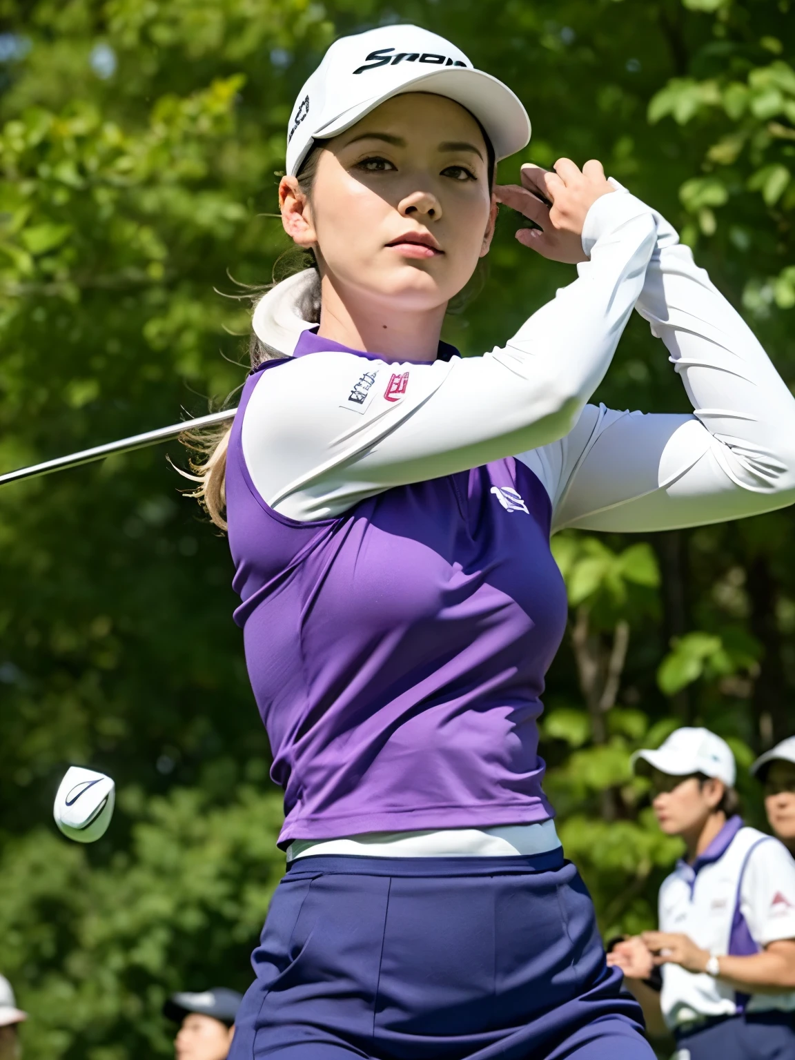 woman, O golf course, golf wear, skirt, long sleeve, purple hair, Sun visor, purple eyes, Wearing golf gloves, holding a golf club, epic scene, best configuration, (muste piece, 最high quality, hire, high quality, by professional artists, super detailed, very detailed, absurd, amazing resolution:1.2)