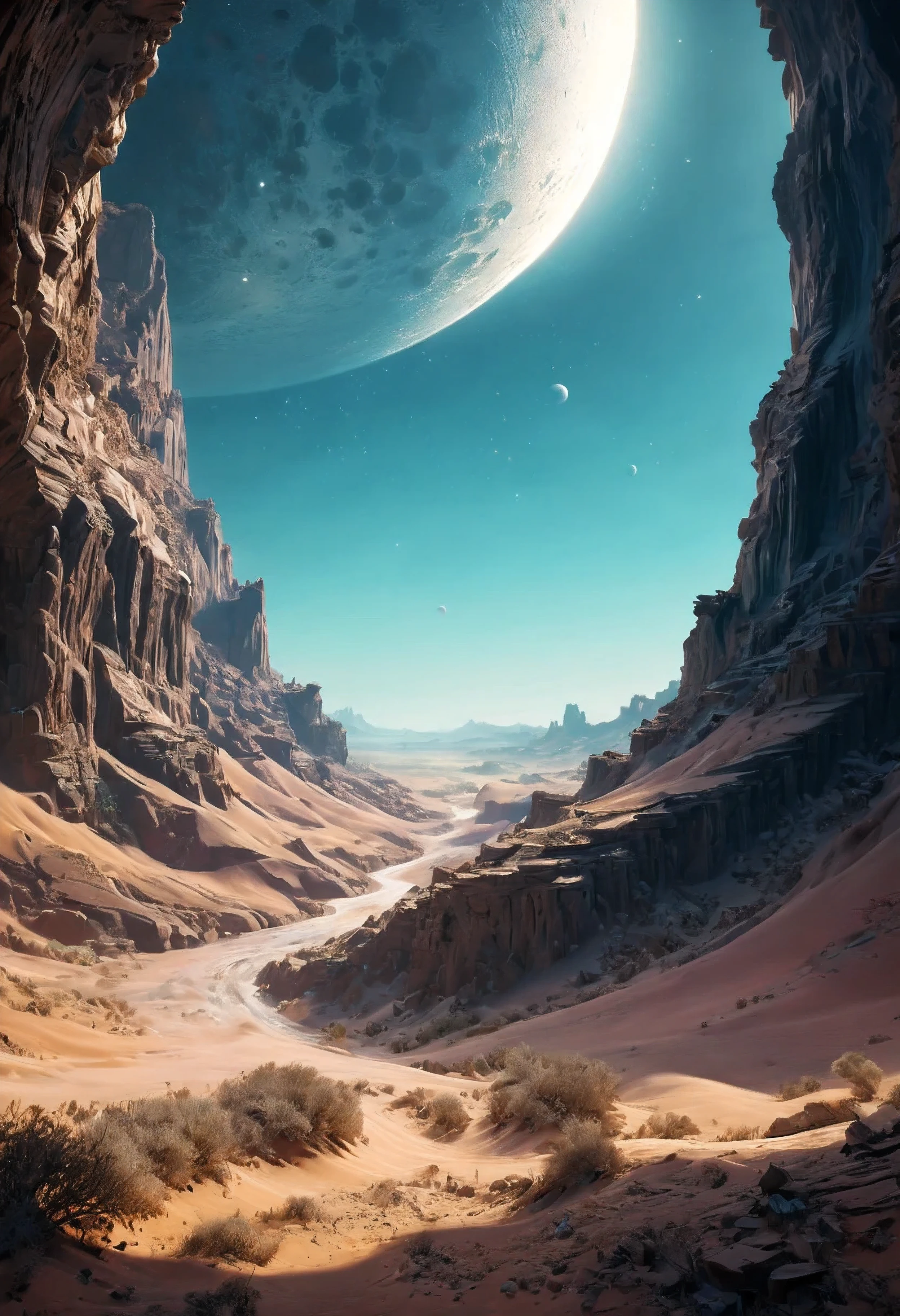 (Masterpiece in maximum 16K resolution), the best quality,(((intricate detail:1.4))), (((extremely insane detail:1.4))),(very detailed CG unity 16k wallpaper quality),(Soft colors 16k highly detailed digital art),Super Detailed. | Stunning reflections, the best reflections ever, (glow), (particle effects), Isometric 3D, Octane Rendering, Ray Traced. | Close up of delicate desert dust in the cold dry canyon, as silver moon rising to the sky, each dust detailed and rendered with a masterful gouache technique,surrounded by mysterious atmosphere of light and shadow art, dust everywhere, great environment, subtly illuminate,fantasy art behance,surreal, its beauty and strength captured,It gives a majestic aura.